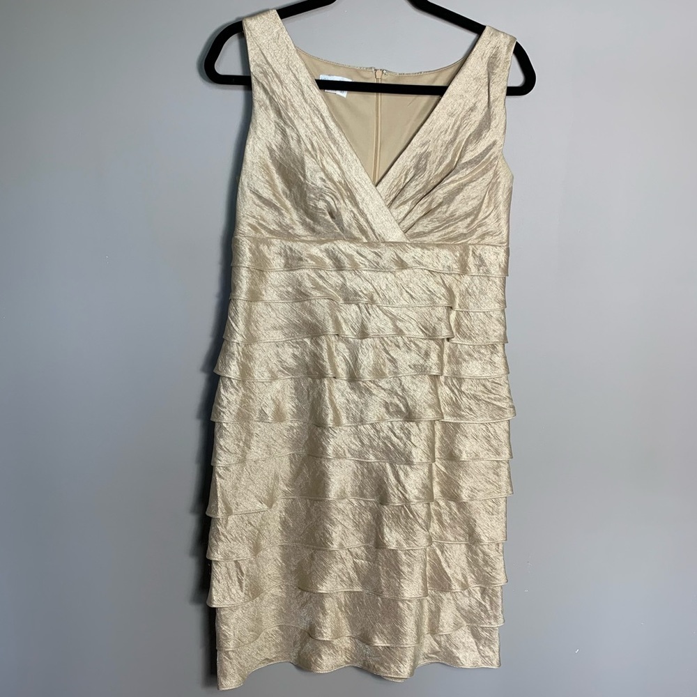 London Times Womens Gold Shimmer Sleeveless Tier Dress Size 10 Party Event
